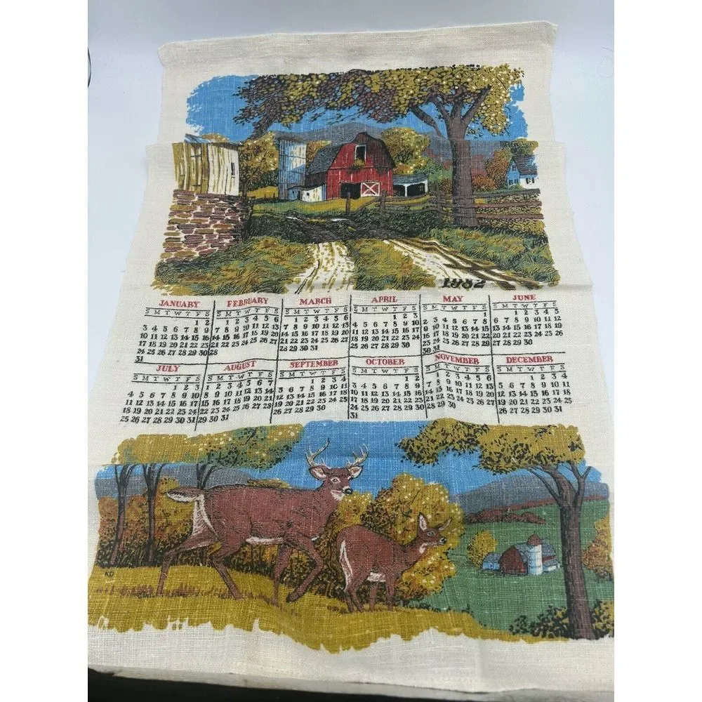 Vintage 1982Calendar Tea Towel Linen Old‎ Red Barn And Deer
